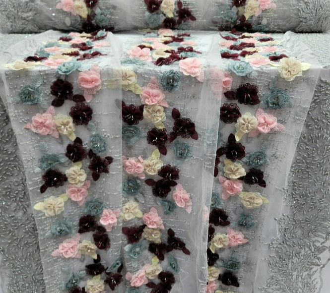 Multicolor Beaded Lace 3d Floral Flowers Pink Burgundy Embroidery On Silver Mesh Fabric By The Yard Gown Quinceañera Bridal Prom