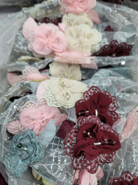 Multicolor Beaded Lace 3d Floral Flowers Pink Burgundy Embroidery On Silver Mesh Fabric By The Yard Gown Quinceañera Bridal Prom