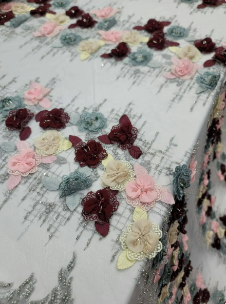 Multicolor Beaded Lace 3d Floral Flowers Pink Burgundy Embroidery On Silver Mesh Fabric By The Yard Gown Quinceañera Bridal Prom