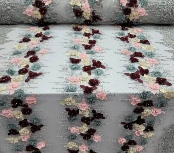 Multicolor Beaded Lace 3d Floral Flowers Pink Burgundy Embroidery On Silver Mesh Fabric By The Yard Gown Quinceañera Bridal Prom