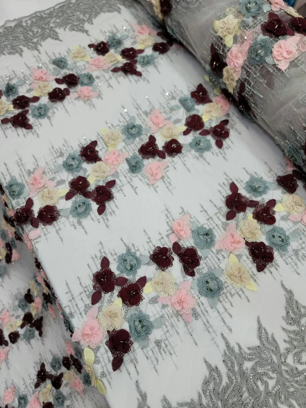 Multicolor Beaded Lace 3d Floral Flowers Pink Burgundy Embroidery On Silver Mesh Fabric By The Yard Gown Quinceañera Bridal Prom