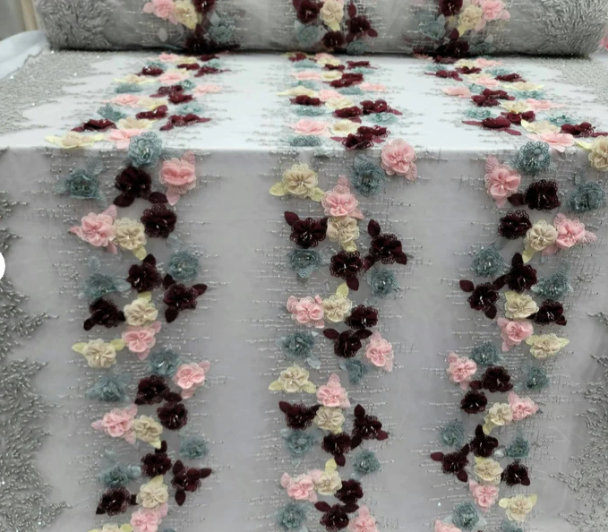 Multicolor Beaded Lace 3d Floral Flowers Pink Burgundy Embroidery On Silver Mesh Fabric By The Yard Gown Quinceañera Bridal Prom