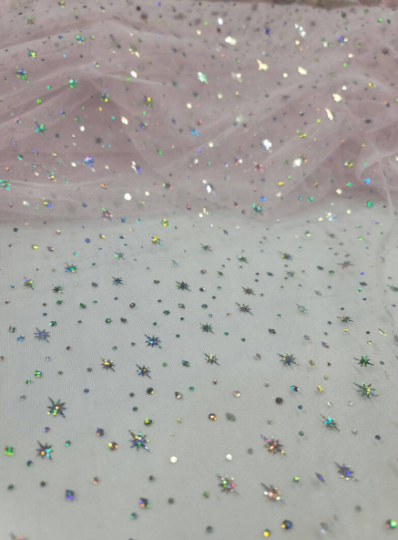 Pink Lace Stretch Fabric By The Yard Hologram Stars