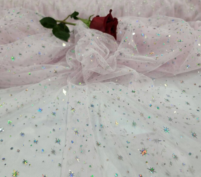 Pink Lace Stretch Fabric By The Yard Hologram Stars