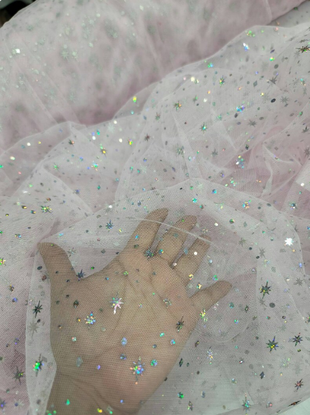 Pink Lace Stretch Fabric By The Yard Hologram Stars