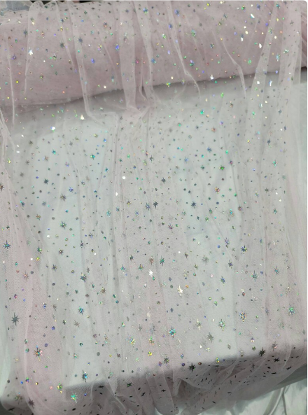 Pink Lace Stretch Fabric By The Yard Hologram Stars