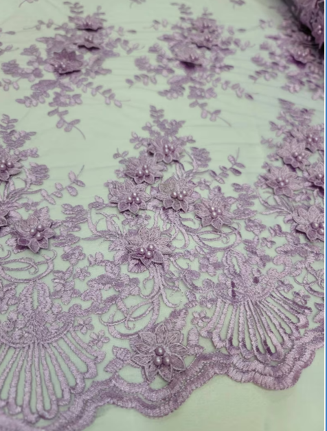 Lace For Bridal Quinceañera Lace 3d Floral Flowers Lavender Embroidery Pearls On Mesh Fabric Sold By The Yard Prom