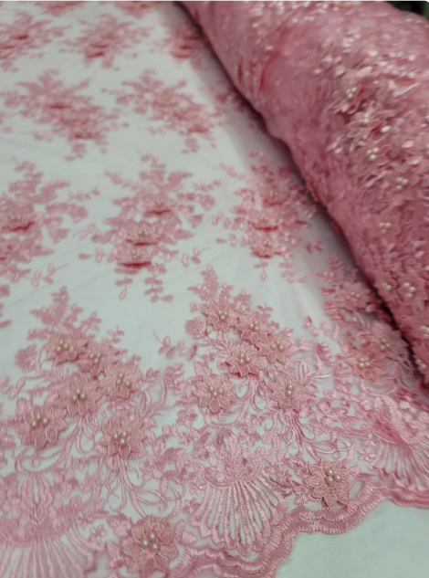 Pink Beaded Lace 3d Floral Flowers Embroidered on Mesh Sequin Pearls Prom Fabric Sold by the Yard Gown Bridal Quinceañera