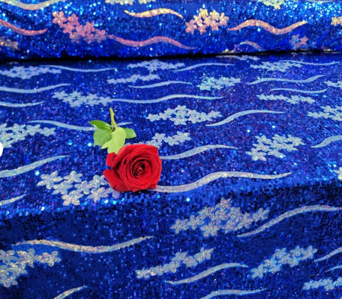 Royal Blue Sequin Embroidery Iridescent Flowers Floral On Stretch Velvet Fabric By The Yard Gown Bridal Prom Quinceañera