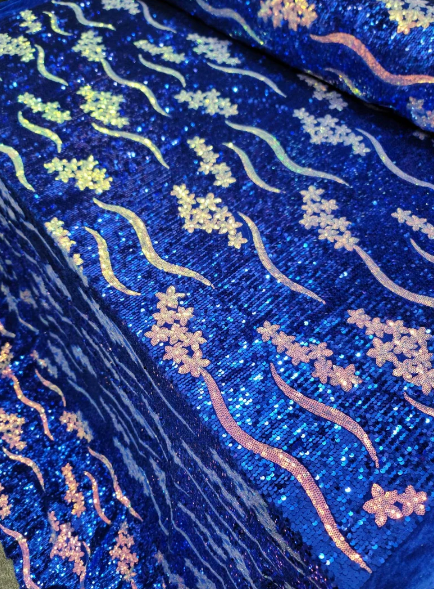 Royal Blue Sequin Embroidery Iridescent Flowers Floral On Stretch Velvet Fabric By The Yard Gown Bridal Prom Quinceañera