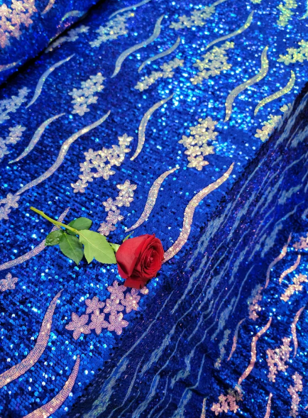 Royal Blue Sequin Embroidery Iridescent Flowers Floral On Stretch Velvet Fabric By The Yard Gown Bridal Prom Quinceañera
