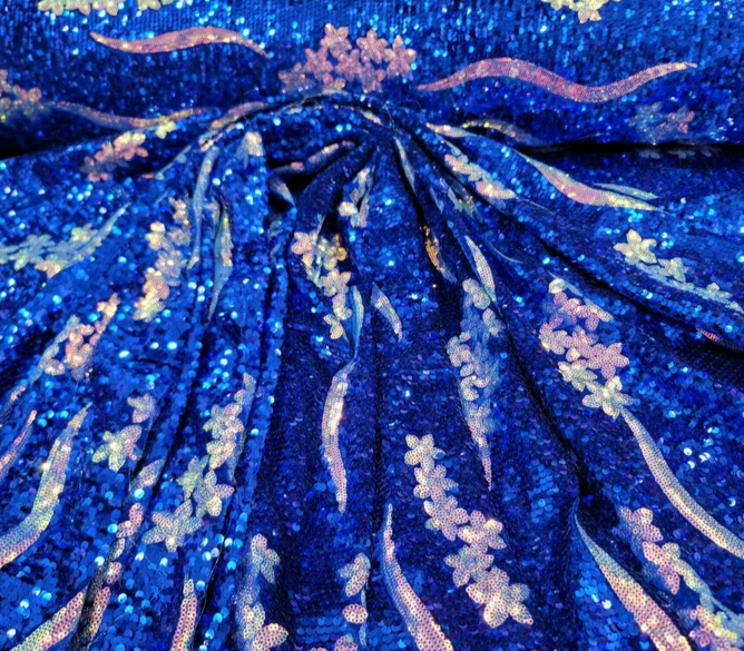 Royal Blue Sequin Embroidery Iridescent Flowers Floral On Stretch Velvet Fabric By The Yard Gown Bridal Prom Quinceañera