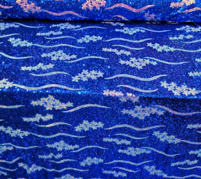 Royal Blue Sequin Embroidery Iridescent Flowers Floral On Stretch Velvet Fabric By The Yard Gown Bridal Prom Quinceañera