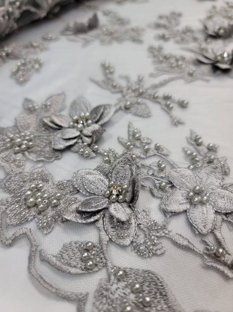 Silver Beaded Lace 3d Floral Flowers Embroidery Mesh Prom Fabric Sold By The Yard Gown Quinceañera Bridal Double Scalloped