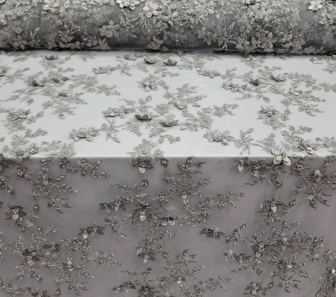 Silver Beaded Lace 3d Floral Flowers Embroidery Mesh Prom Fabric Sold By The Yard Gown Quinceañera Bridal Double Scalloped