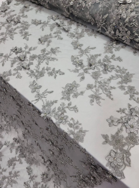 Silver Beaded Lace 3d Floral Flowers Embroidery Mesh Prom Fabric Sold By The Yard Gown Quinceañera Bridal Double Scalloped