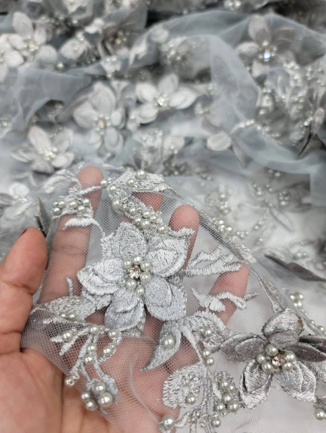Silver Beaded Lace 3d Floral Flowers Embroidery Mesh Prom Fabric Sold By The Yard Gown Quinceañera Bridal Double Scalloped