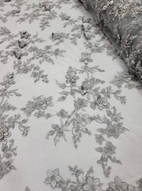 Silver Beaded Lace 3d Floral Flowers Embroidery Mesh Prom Fabric Sold By The Yard Gown Quinceañera Bridal Double Scalloped