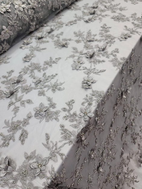 Silver Beaded Lace 3d Floral Flowers Embroidery Mesh Prom Fabric Sold By The Yard Gown Quinceañera Bridal Double Scalloped