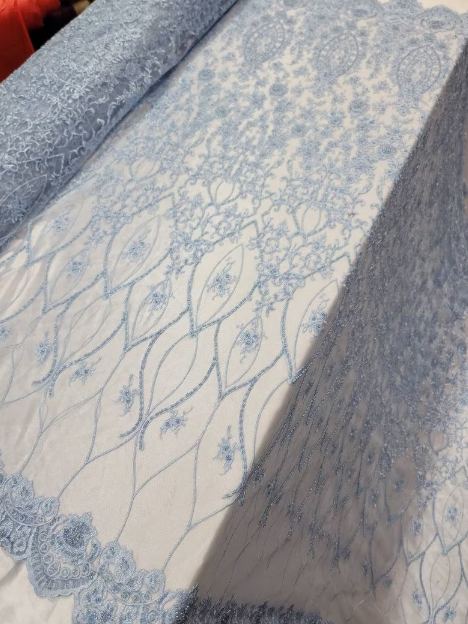 Sky Blue Beaded Lace Embroidery Floral Flowers Sequin On Mesh Fabric By The Yard Prom Bridal Sweet Sixteen Quinceañera