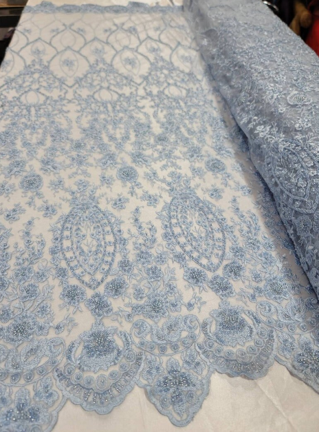 Sky Blue Beaded Lace Embroidery Floral Flowers Sequin On Mesh Fabric By The Yard Prom Bridal Sweet Sixteen Quinceañera