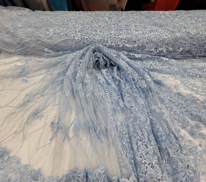 Sky Blue Beaded Lace Embroidery Floral Flowers Sequin On Mesh Fabric By The Yard Prom Bridal Sweet Sixteen Quinceañera