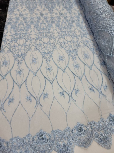 Sky Blue Beaded Lace Embroidery Floral Flowers Sequin On Mesh Fabric By The Yard Prom Bridal Sweet Sixteen Quinceañera
