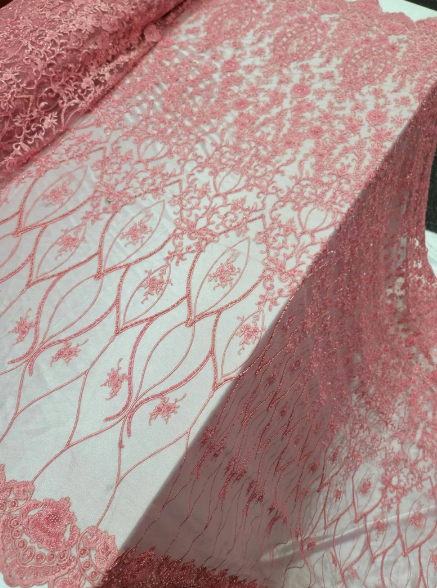Coral Beaded Lace Floral Flowers Embroidered On Mesh Prom Fabric Sold By The Yard Gown Prom Quinceañera Bridal Telas Para Cost