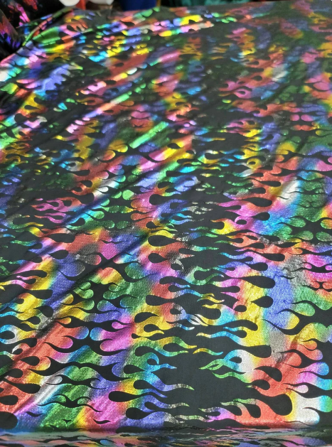 Multicolor Flames Rainbow Fire Stretch Pleather On Black Foil Spandex Fabric Sold By The Yard Metallic Fashion Backdrop