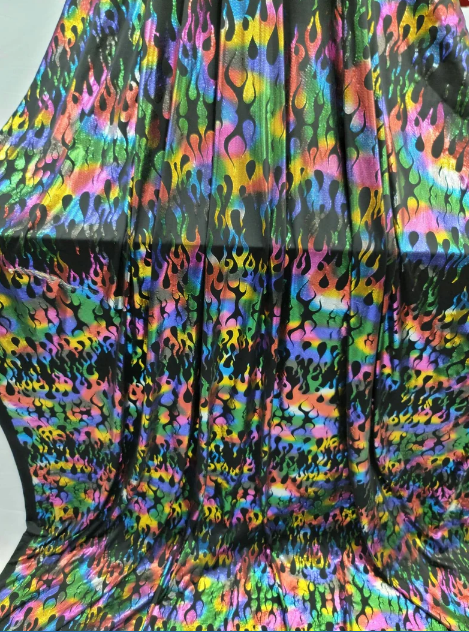 Multicolor Flames Rainbow Fire Stretch Pleather On Black Foil Spandex Fabric Sold By The Yard Metallic Fashion Backdrop