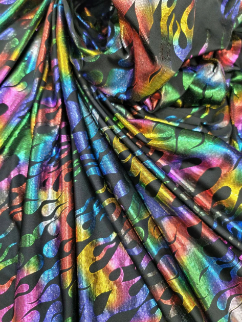 Multicolor Flames Rainbow Fire Stretch Pleather On Black Foil Spandex Fabric Sold By The Yard Metallic Fashion Backdrop