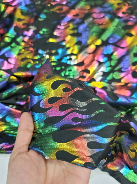Multicolor Flames Rainbow Fire Stretch Pleather On Black Foil Spandex Fabric Sold By The Yard Metallic Fashion Backdrop