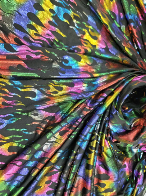 Multicolor Flames Rainbow Fire Stretch Pleather On Black Foil Spandex Fabric Sold By The Yard Metallic Fashion Backdrop