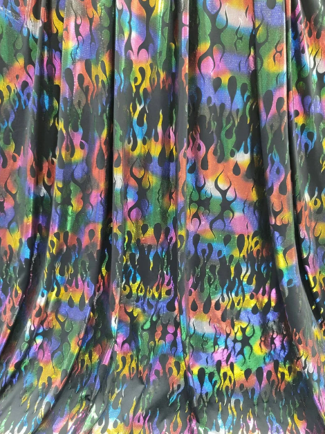 Multicolor Flames Rainbow Fire Stretch Pleather On Black Foil Spandex Fabric Sold By The Yard Metallic Fashion Backdrop
