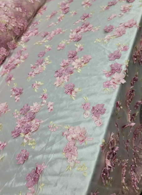 Pink and Blush 3D Floral Flowers Lace on Mesh - Sold by Yard - Perfect for Quinceañera Dresses, Bridal Gowns, Prom Dresses, and Elegantly Designed Creations