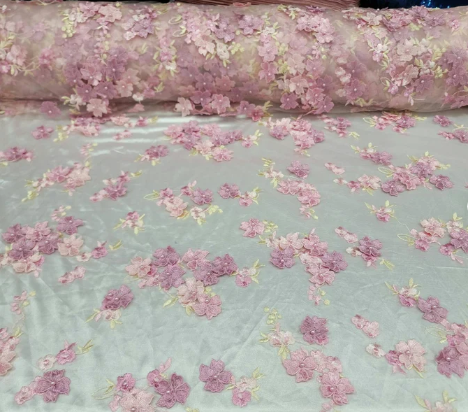 Pink and Blush 3D Floral Flowers Lace on Mesh - Sold by Yard - Perfect for Quinceañera Dresses, Bridal Gowns, Prom Dresses, and Elegantly Designed Creations
