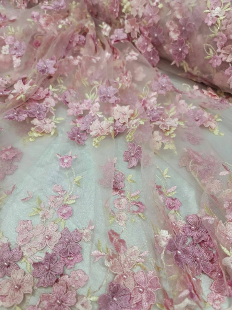 Pink and Blush 3D Floral Flowers Lace on Mesh - Sold by Yard - Perfect for Quinceañera Dresses, Bridal Gowns, Prom Dresses, and Elegantly Designed Creations