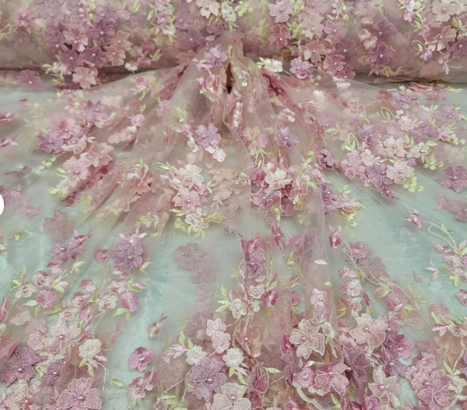 Pink and Blush 3D Floral Flowers Lace on Mesh - Sold by Yard - Perfect for Quinceañera Dresses, Bridal Gowns, Prom Dresses, and Elegantly Designed Creations