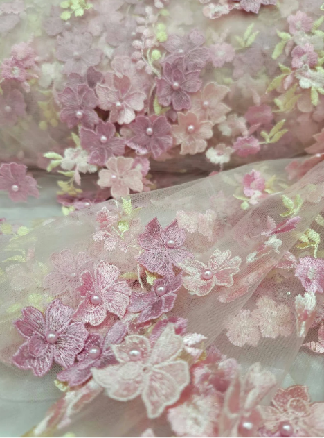 Pink and Blush 3D Floral Flowers Lace on Mesh - Sold by Yard - Perfect for Quinceañera Dresses, Bridal Gowns, Prom Dresses, and Elegantly Designed Creations