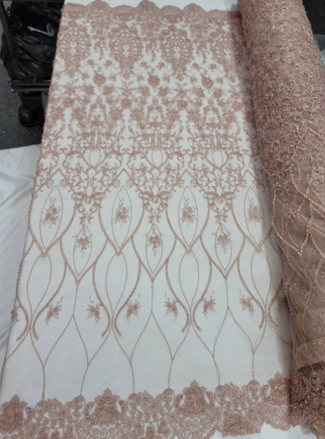 Beaded Lace Fabric By The Yard Rose Gold Floral Flowers Embroidery Sequin Fashion Bridal Quinceañera Gown Prom Graduation