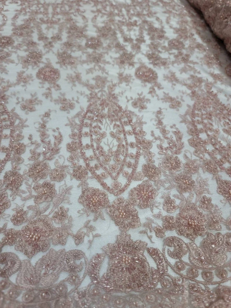 Beaded Lace Fabric By The Yard Rose Gold Floral Flowers Embroidery Sequin Fashion Bridal Quinceañera Gown Prom Graduation