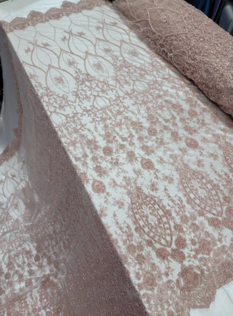 Beaded Lace Fabric By The Yard Rose Gold Floral Flowers Embroidery Sequin Fashion Bridal Quinceañera Gown Prom Graduation