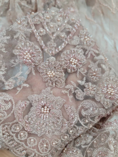 Beaded Lace Fabric By The Yard Rose Gold Floral Flowers Embroidery Sequin Fashion Bridal Quinceañera Gown Prom Graduation