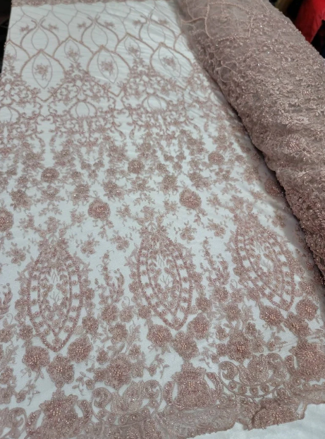 Beaded Lace Fabric By The Yard Rose Gold Floral Flowers Embroidery Sequin Fashion Bridal Quinceañera Gown Prom Graduation