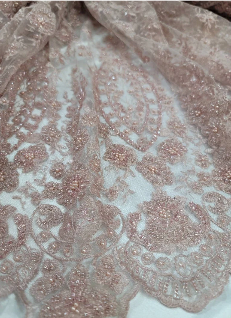 Beaded Lace Fabric By The Yard Rose Gold Floral Flowers Embroidery Sequin Fashion Bridal Quinceañera Gown Prom Graduation