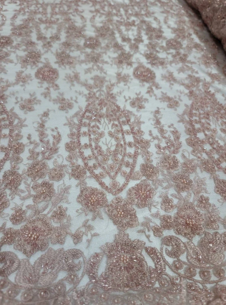 Beaded Lace Fabric By The Yard Rose Gold Floral Flowers Embroidery Sequin Fashion Bridal Quinceañera Gown Prom Graduation