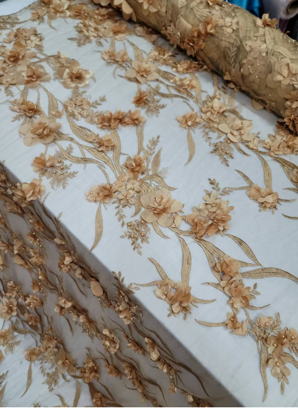 Gold 3d Lace Fabric By The Yard Embroidery Floral Flowers Fabric By The Yard Gown Quinceañera Bridal Prom Gown