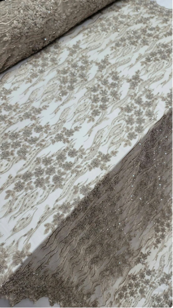 Champagne Beaded Lace Floral Flowers Embroidery Mesh Prom Fabric Sold by the Yard Gown Quinceañera bridal Prom