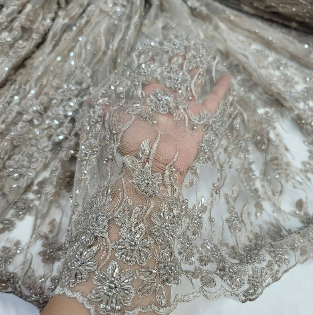 Champagne Beaded Lace Floral Flowers Embroidery Mesh Prom Fabric Sold by the Yard Gown Quinceañera bridal Prom