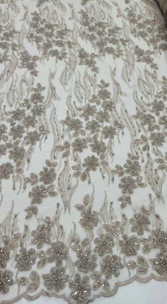 Champagne Beaded Lace Floral Flowers Embroidery Mesh Prom Fabric Sold by the Yard Gown Quinceañera bridal Prom